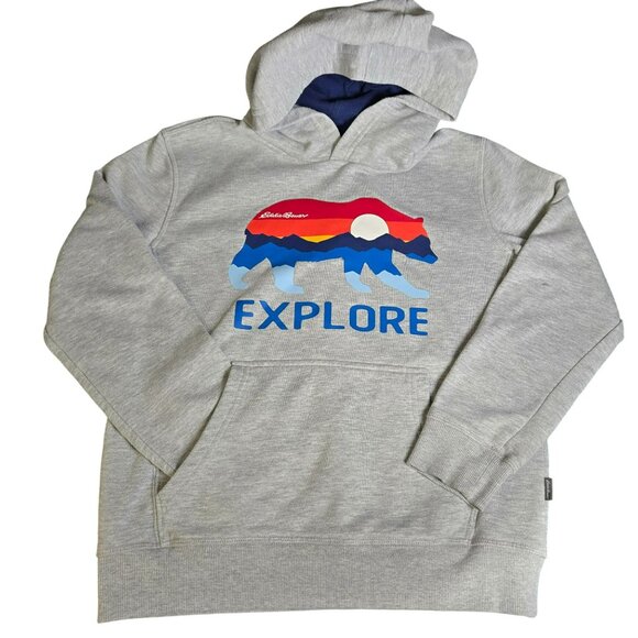 Eddie Bauer Youth Hoodie M 10/12 Gray Explore Bear Graphic Pullover Sweatshirt - Picture 1 of 14